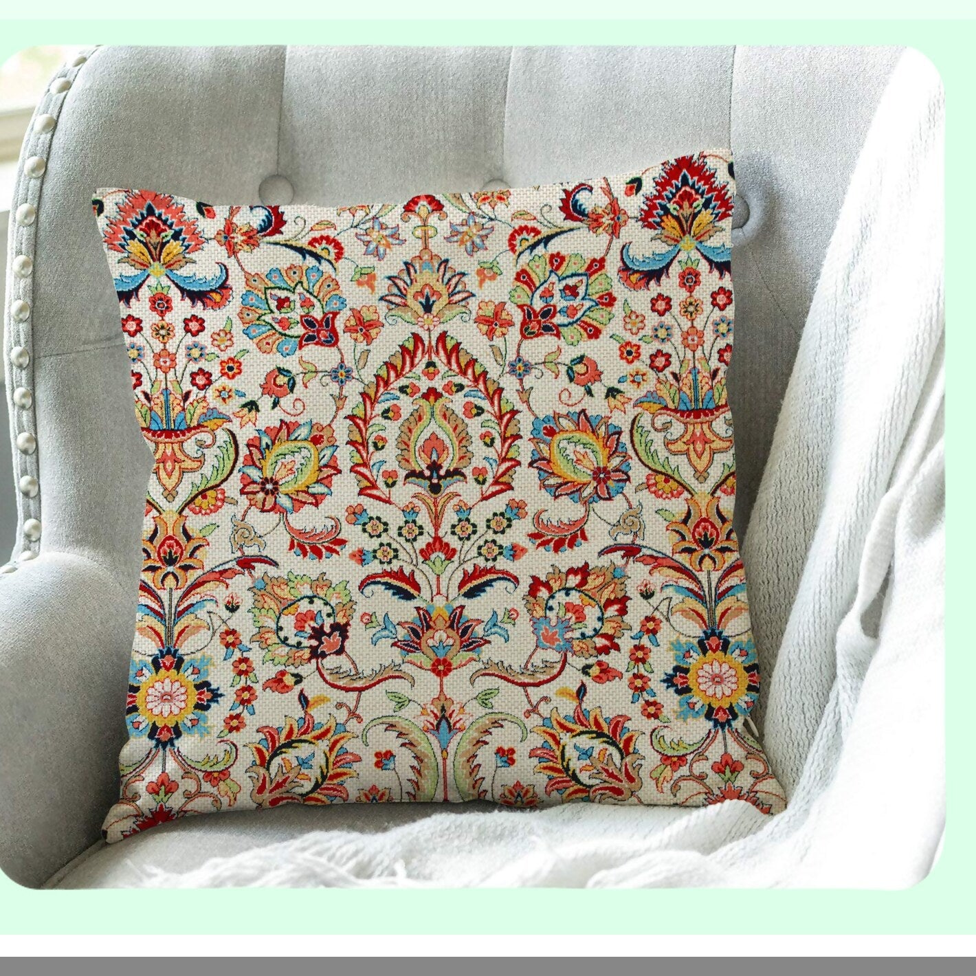 Colorful Geometric Floral Ethnic Pillowcase - Abstract Fabric Print Decor Square 18x18 Inches - Decorative Home Throw Pillow Cover