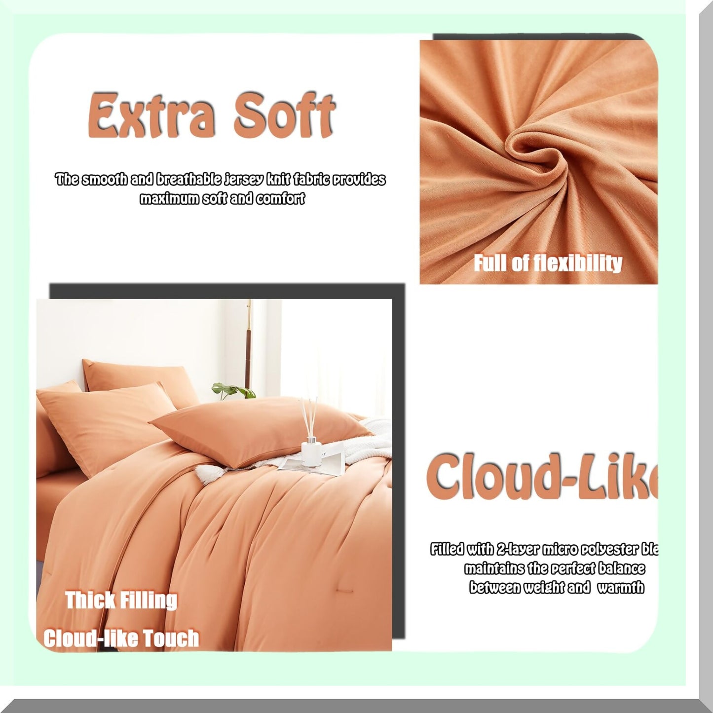Marshmallow Comforter Set - Boho Bedding Collection | Twin Size 4 PCS Bed in a Bag with Burnt Orange Comforter, Pillowcases, Fitted Sheet | Super Soft Lightweight All Seasons Cozy Bed Set