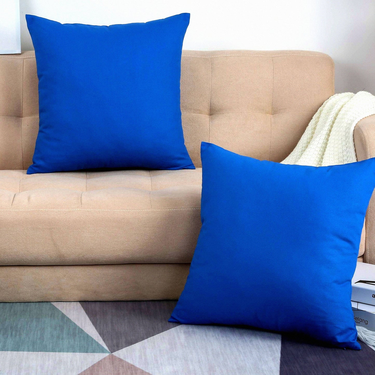 Colorful Cotton Canvas Pillow Covers - 20x20 Inch - Set of 2 - Decorative Throw Cushion Cases - Bright Royal Blue - 100% Cotton - 45 Colors