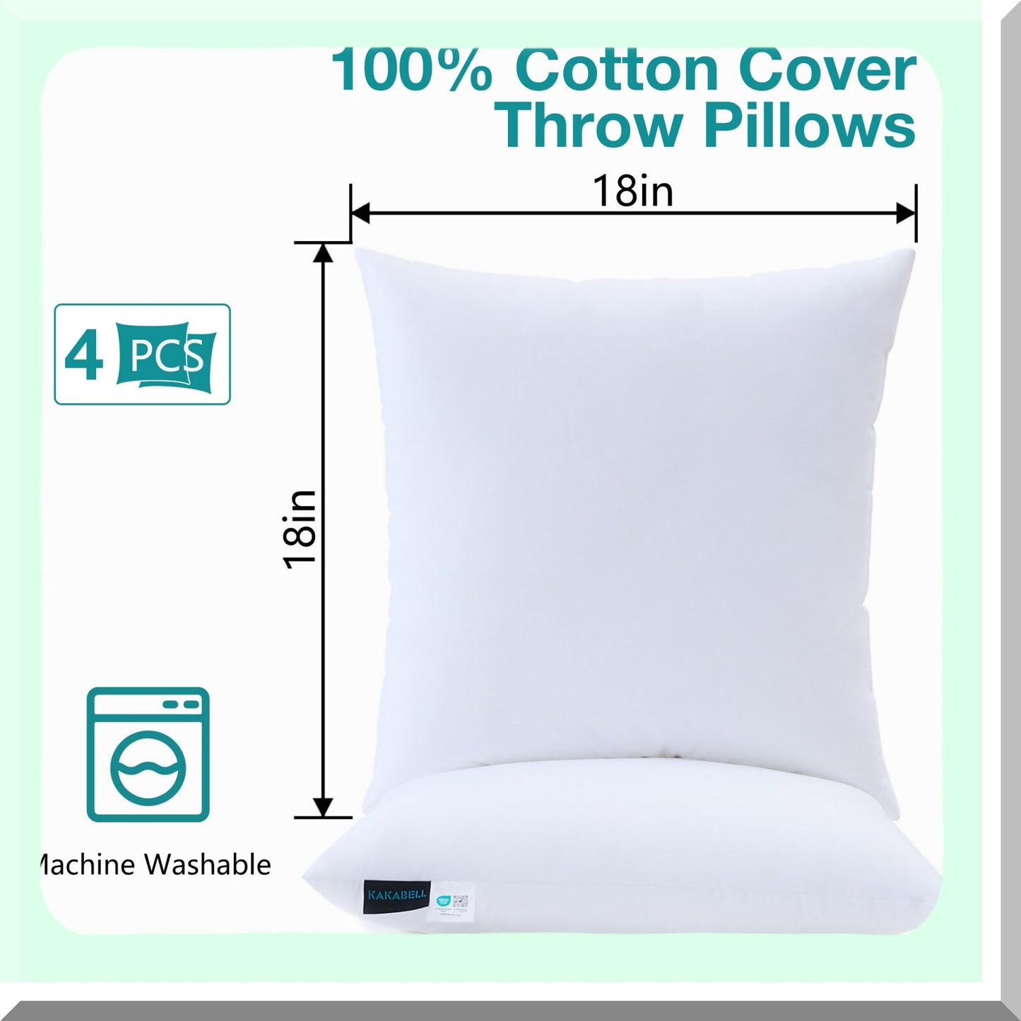 Luxury Cotton Down Alternative Pillow Inserts - Set of 4, 18x18 White Pillows for Bed and Couch, Soft Cozy Indoor Outdoor Decor