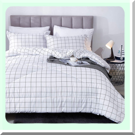 Geometric Grid Comforter Set - Twin Size - Black & White Plaid Bedding - Microfiber Down Alternative - 2 Piece Set with Pillowcase - 66x90 Inch