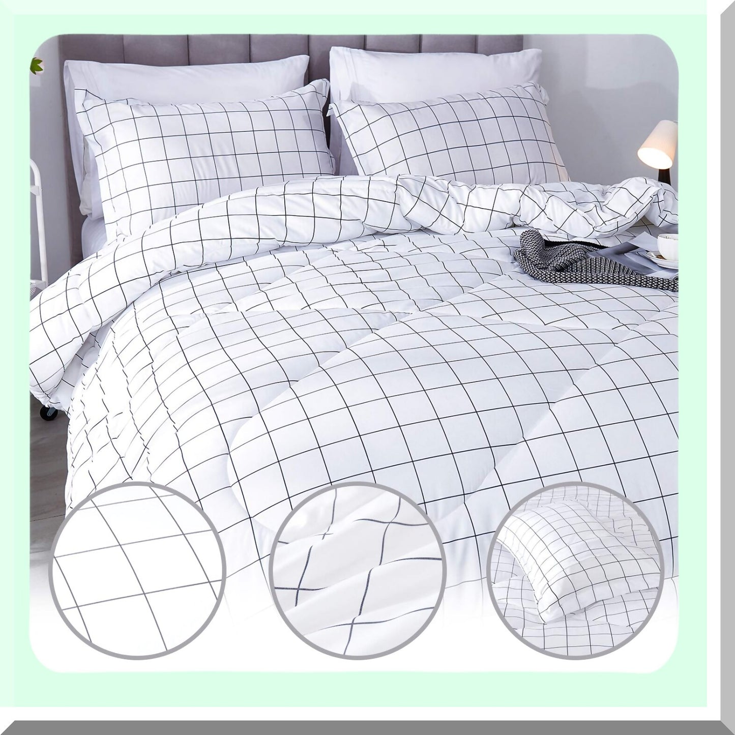 Geometric Grid Comforter Set - Twin Size - Black & White Plaid Bedding - Microfiber Down Alternative - 2 Piece Set with Pillowcase - 66x90 Inch