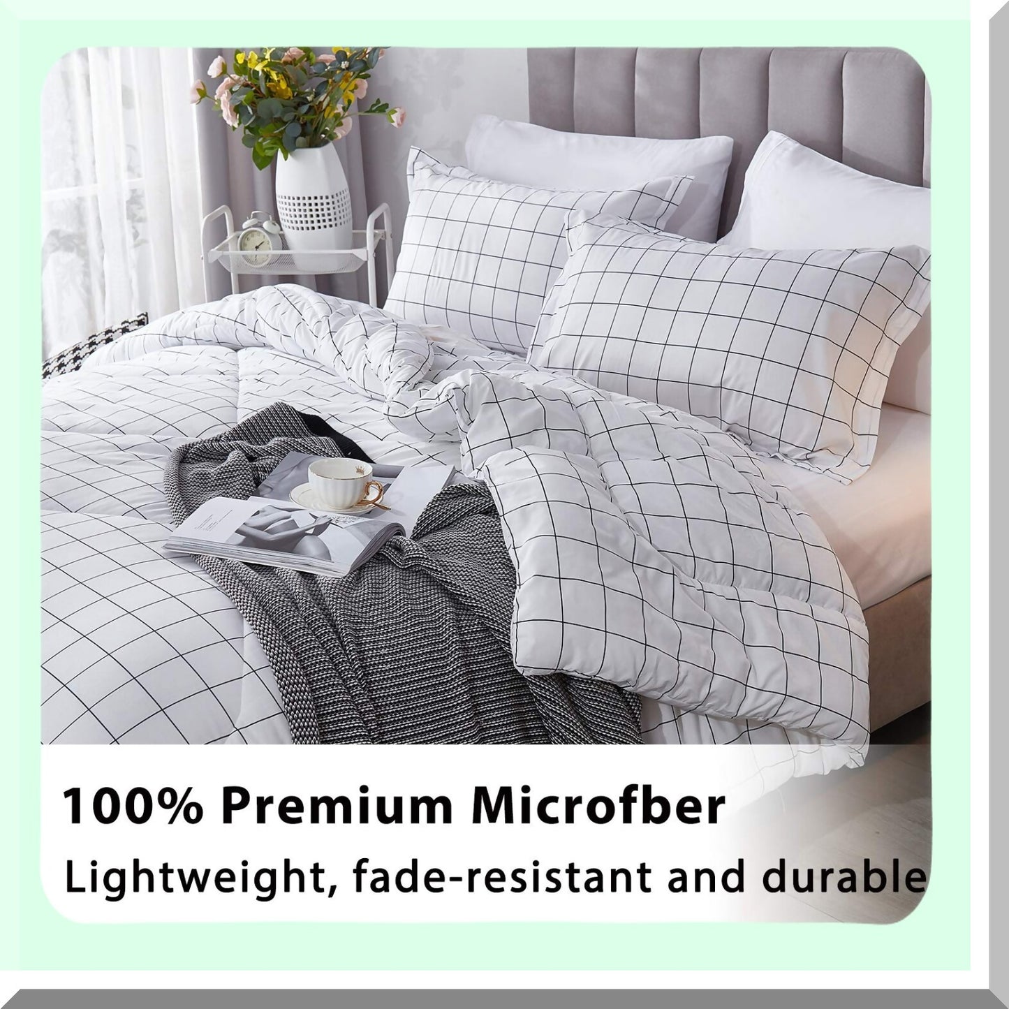 Geometric Grid Comforter Set - Twin Size - Black & White Plaid Bedding - Microfiber Down Alternative - 2 Piece Set with Pillowcase - 66x90 Inch