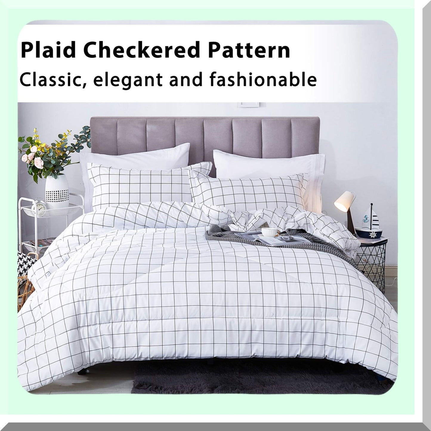 Geometric Grid Comforter Set - Twin Size - Black & White Plaid Bedding - Microfiber Down Alternative - 2 Piece Set with Pillowcase - 66x90 Inch