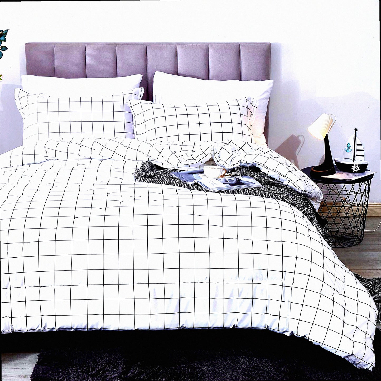 Geometric Grid Comforter Set - Twin Size - Black & White Plaid Bedding - Microfiber Down Alternative - 2 Piece Set with Pillowcase - 66x90 Inch