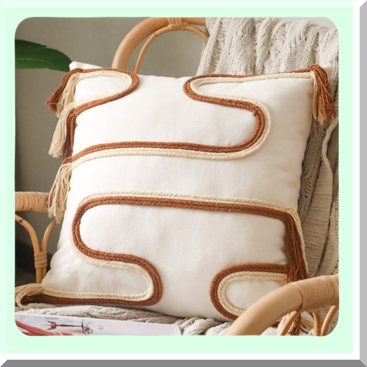 Boho Chic Fringed Square Pillow Cover - Neutral Textured Cushion Case for Living Room & Bedroom Decor - Mid Century Farmhouse Style - 18'' x 18'' White