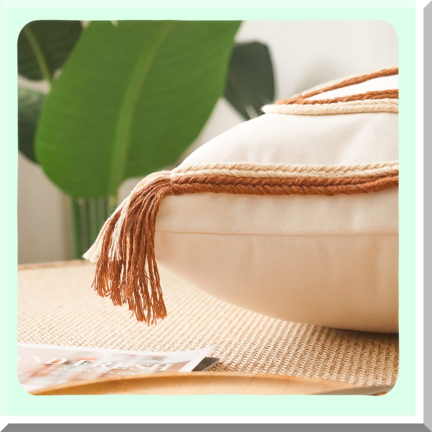 Boho Chic Fringed Square Pillow Cover - Neutral Textured Cushion Case for Living Room & Bedroom Decor - Mid Century Farmhouse Style - 18'' x 18'' White