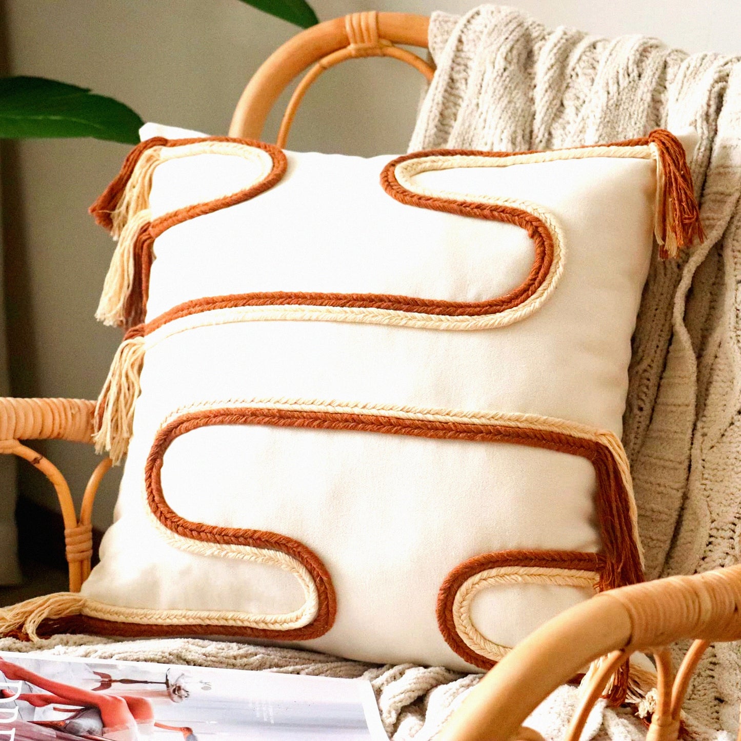 Boho Chic Fringed Square Pillow Cover - Neutral Textured Cushion Case for Living Room & Bedroom Decor - Mid Century Farmhouse Style - 18'' x 18'' White