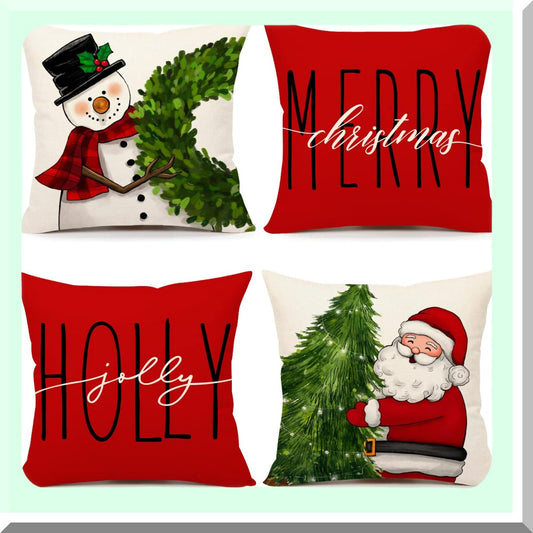 Winter Wonderland Pillow Covers Set - Farmhouse Decor Snowman Wreath Claus Tree Holly Jolly Holiday Throw Cushion Case 18x18 (Pack of 4)