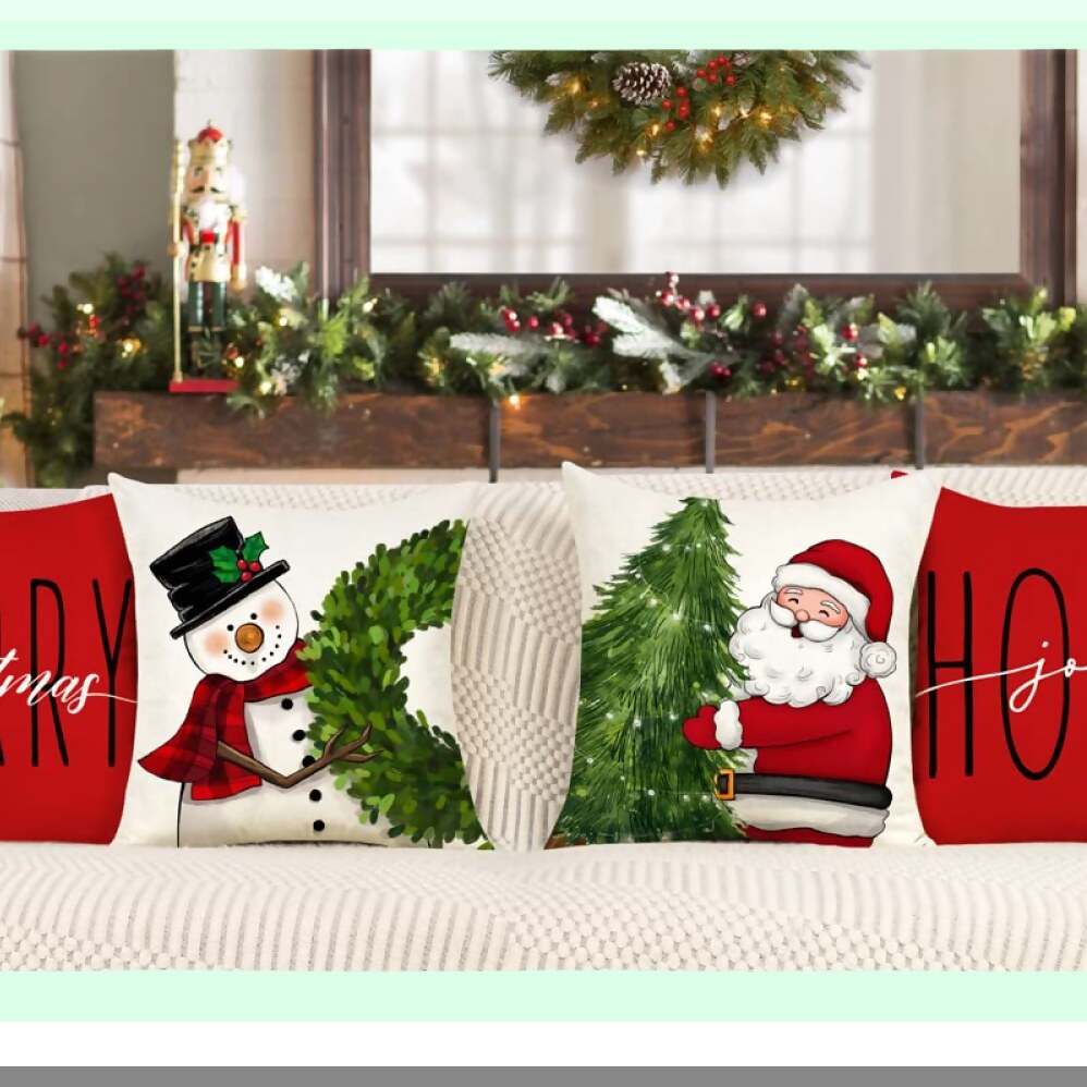 Winter Wonderland Pillow Covers Set - Farmhouse Decor Snowman Wreath Claus Tree Holly Jolly Holiday Throw Cushion Case 18x18 (Pack of 4)