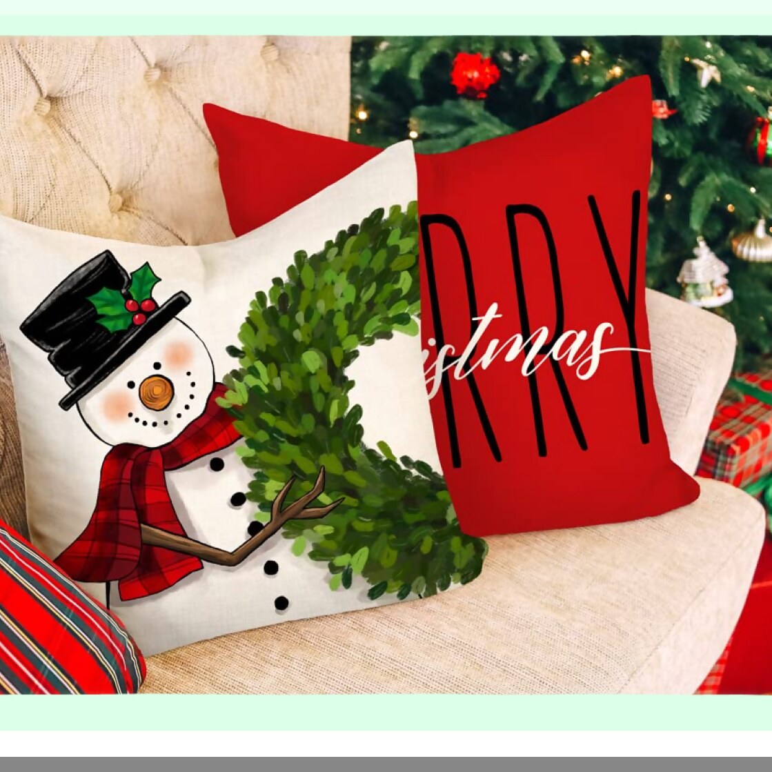 Winter Wonderland Pillow Covers Set - Farmhouse Decor Snowman Wreath Claus Tree Holly Jolly Holiday Throw Cushion Case 18x18 (Pack of 4)