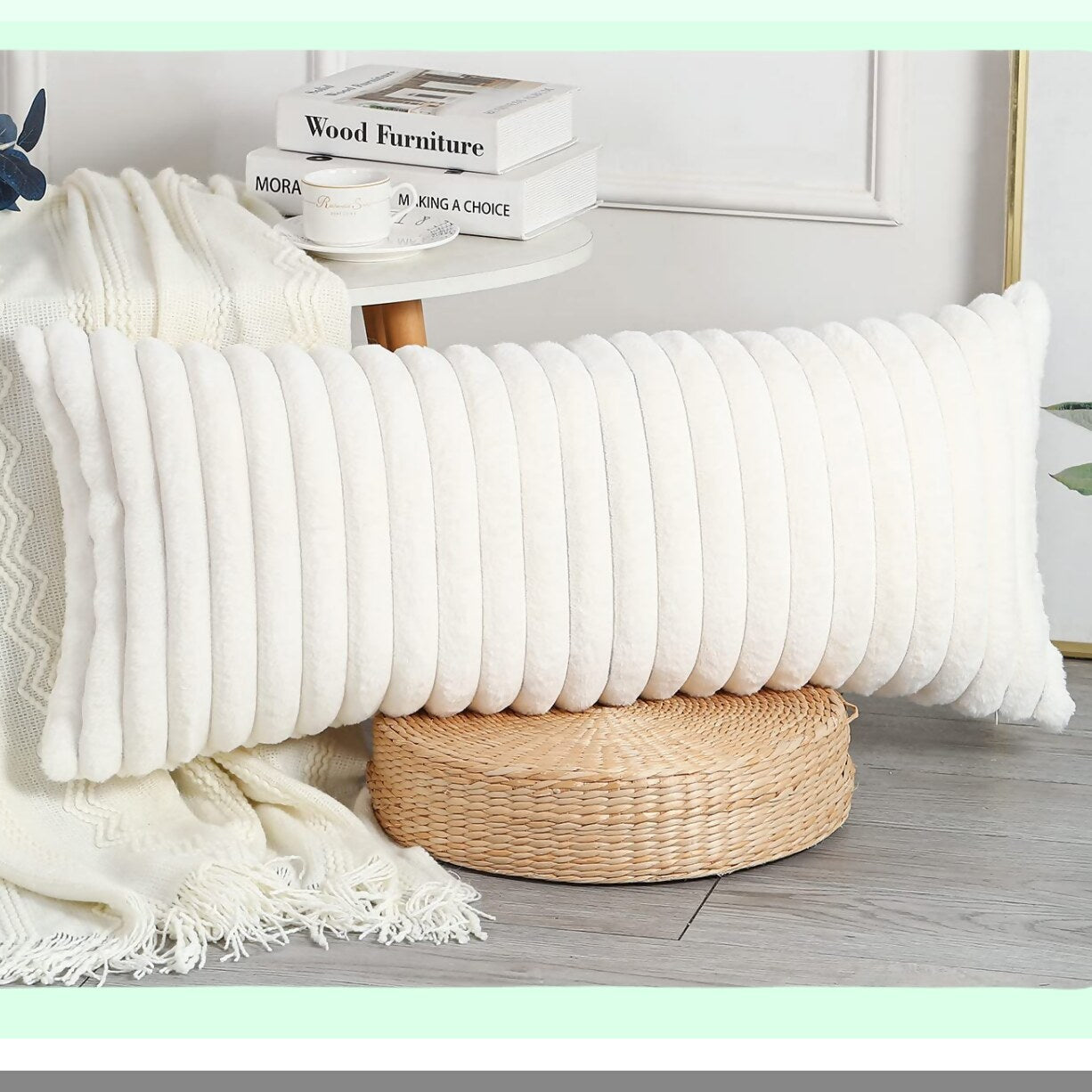 Boho Plush Cat Lumbar Pillow Cover - Extra Long Decorative Cushion Case for Sofa Couch Farmhouse Livingroom - White 12x40