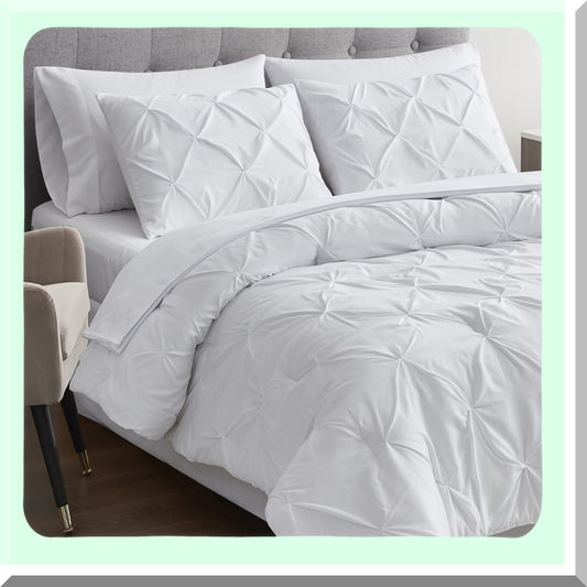 Luxury White Pintuck Queen Comforter Set - 7 Piece Bedding Bundle with Sheets, Pillowcases, and Shams - Pinch Pleat Design for Queen Size Bed