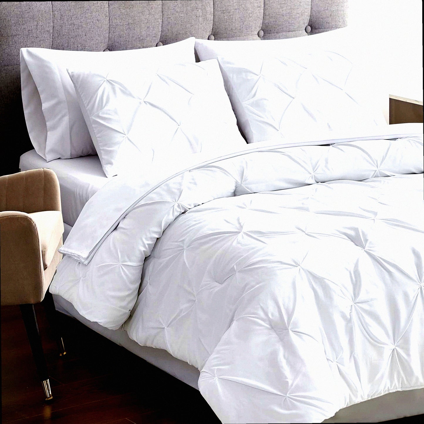 Luxury White Pintuck Queen Comforter Set - 7 Piece Bedding Bundle with Sheets, Pillowcases, and Shams - Pinch Pleat Design for Queen Size Bed