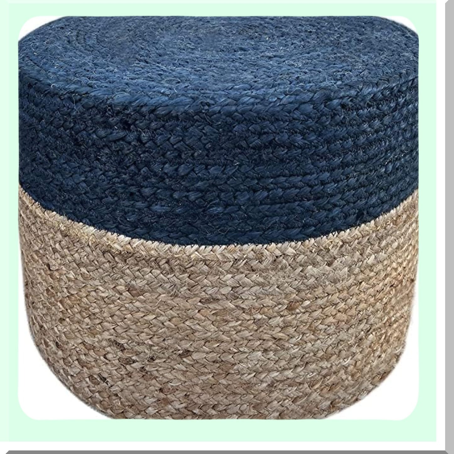 Boho Braided Jute Round Ottoman Pouf - Navy Blue Footrest for Living Room, Bedroom, Nursery - Handmade 18"x18"x12" Pouffe