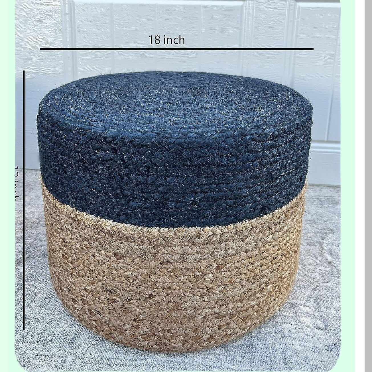 Boho Braided Jute Round Ottoman Pouf - Navy Blue Footrest for Living Room, Bedroom, Nursery - Handmade 18"x18"x12" Pouffe