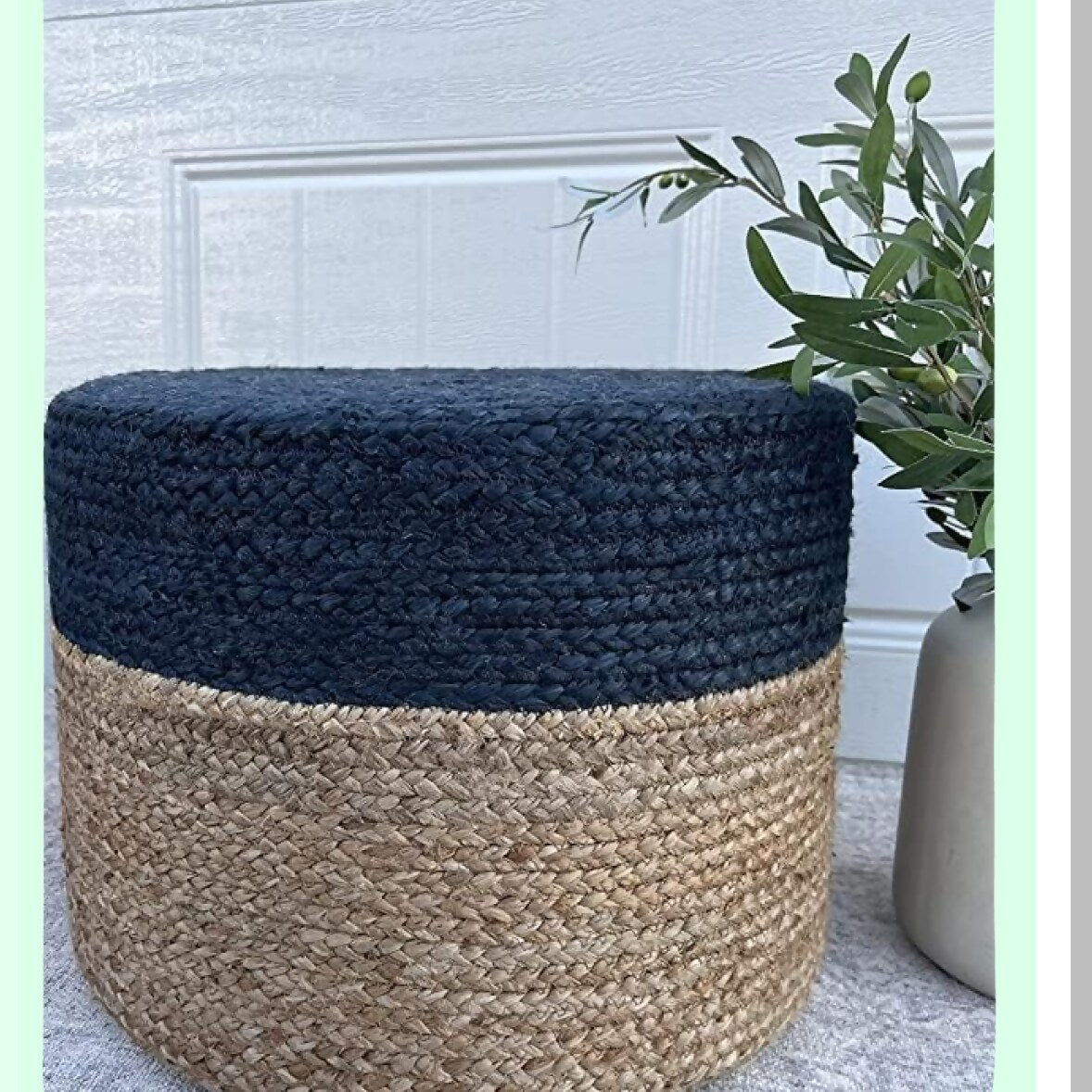 Boho Braided Jute Round Ottoman Pouf - Navy Blue Footrest for Living Room, Bedroom, Nursery - Handmade 18"x18"x12" Pouffe