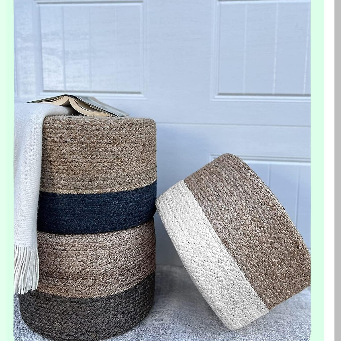 Boho Braided Jute Round Ottoman Pouf - Navy Blue Footrest for Living Room, Bedroom, Nursery - Handmade 18"x18"x12" Pouffe