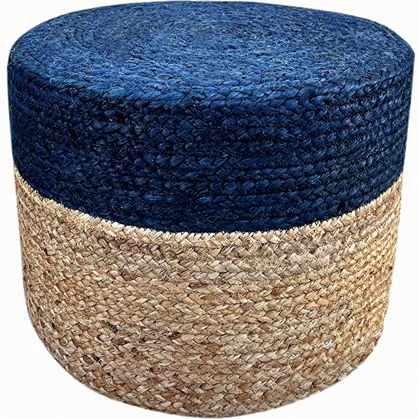 Boho Braided Jute Round Ottoman Pouf - Navy Blue Footrest for Living Room, Bedroom, Nursery - Handmade 18"x18"x12" Pouffe