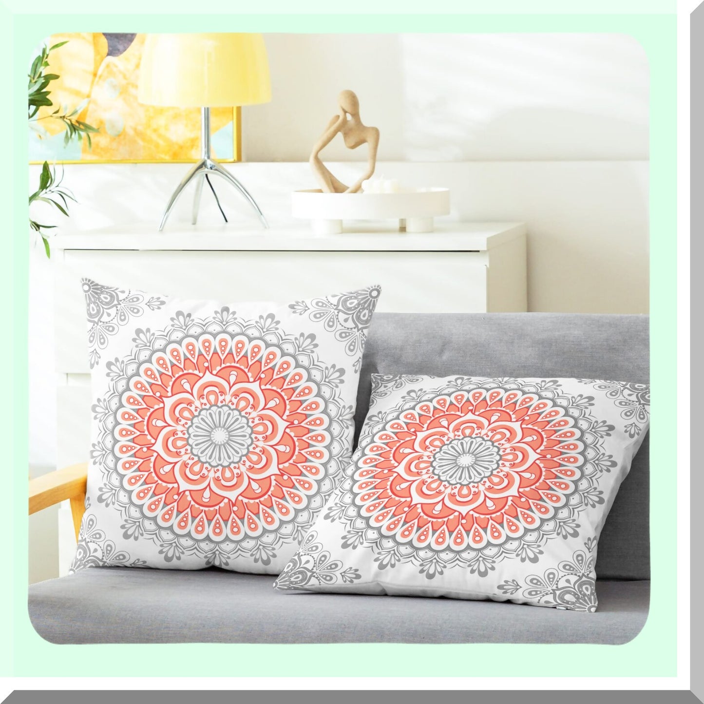 Cozy Fleece Dahlia Floral Medallion Throw Pillow Covers - Farmhouse Decor Cushion Cases Pack of 2 for Couch Bed Sofa - Living Coral Grey 22 X 22 Inches