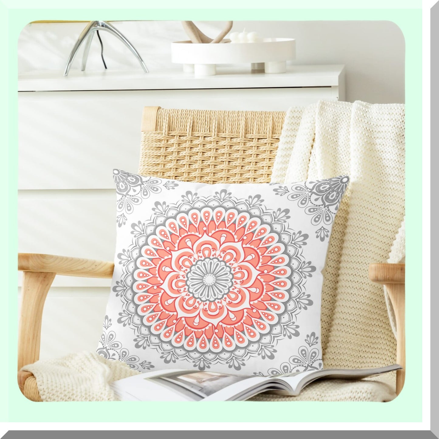 Cozy Fleece Dahlia Floral Medallion Throw Pillow Covers - Farmhouse Decor Cushion Cases Pack of 2 for Couch Bed Sofa - Living Coral Grey 22 X 22 Inches