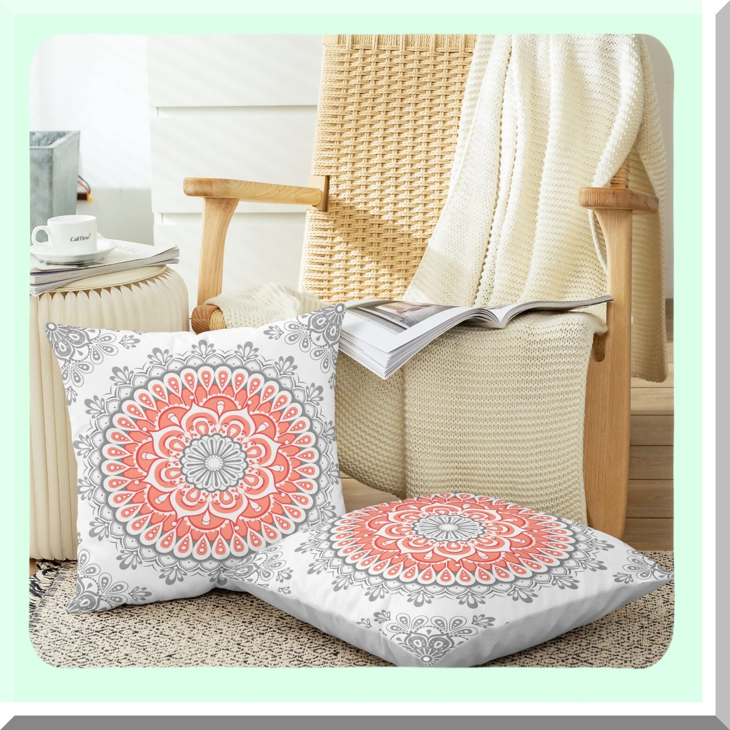 Cozy Fleece Dahlia Floral Medallion Throw Pillow Covers - Farmhouse Decor Cushion Cases Pack of 2 for Couch Bed Sofa - Living Coral Grey 22 X 22 Inches