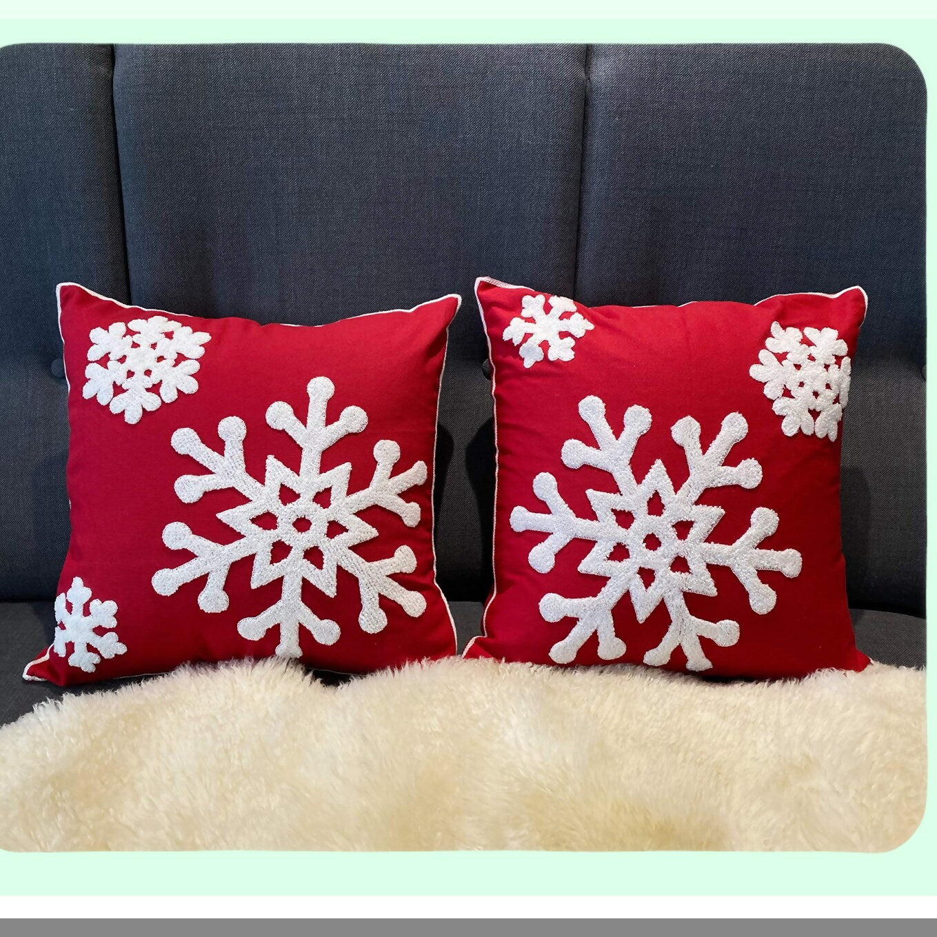 Red Snowflake Embroidered Pillowcase Set - Farmhouse Decor Cushion Covers 18x18 for Sofa, Bed, Car - Outdoor Office Throw Pillow Covers 2PCS