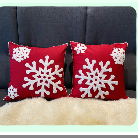 Red Snowflake Embroidered Pillowcase Set - Farmhouse Decor Cushion Covers 18x18 for Sofa, Bed, Car - Outdoor Office Throw Pillow Covers 2PCS