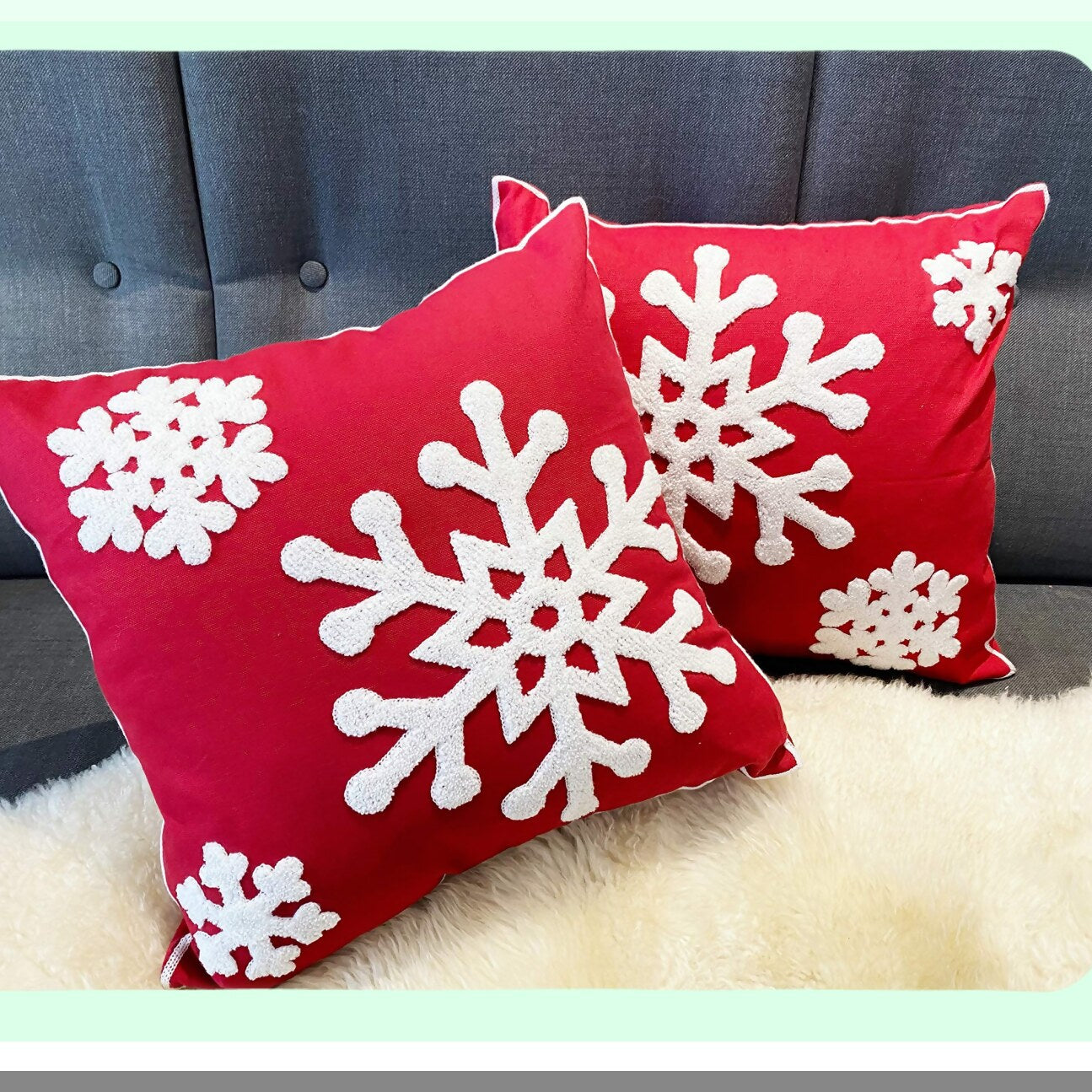 Red Snowflake Embroidered Pillowcase Set - Farmhouse Decor Cushion Covers 18x18 for Sofa, Bed, Car - Outdoor Office Throw Pillow Covers 2PCS