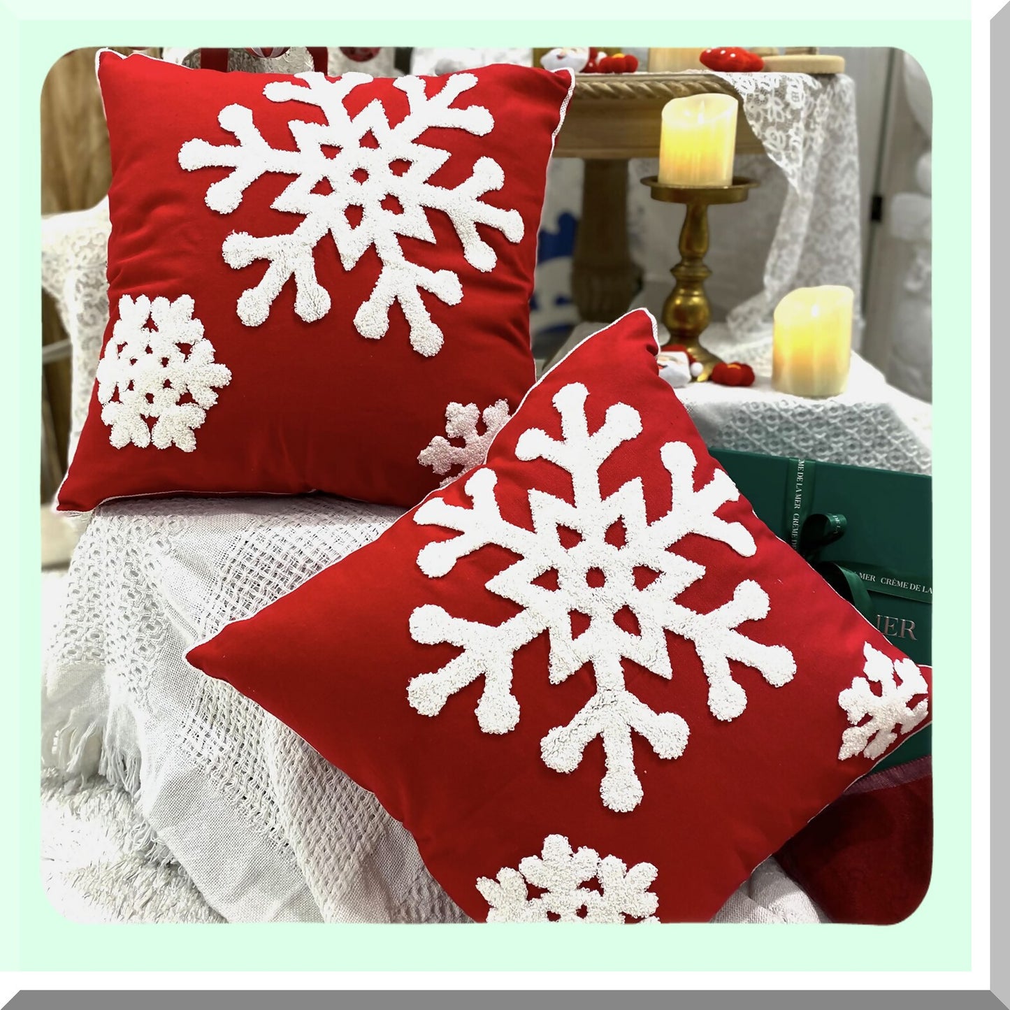 Red Snowflake Embroidered Pillowcase Set - Farmhouse Decor Cushion Covers 18x18 for Sofa, Bed, Car - Outdoor Office Throw Pillow Covers 2PCS