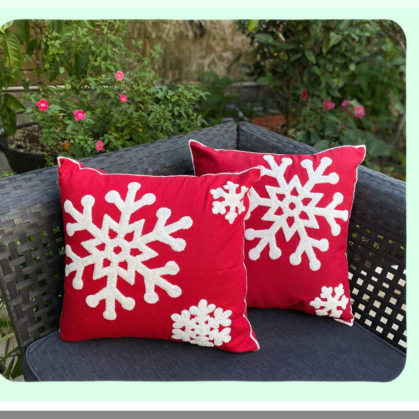 Red Snowflake Embroidered Pillowcase Set - Farmhouse Decor Cushion Covers 18x18 for Sofa, Bed, Car - Outdoor Office Throw Pillow Covers 2PCS