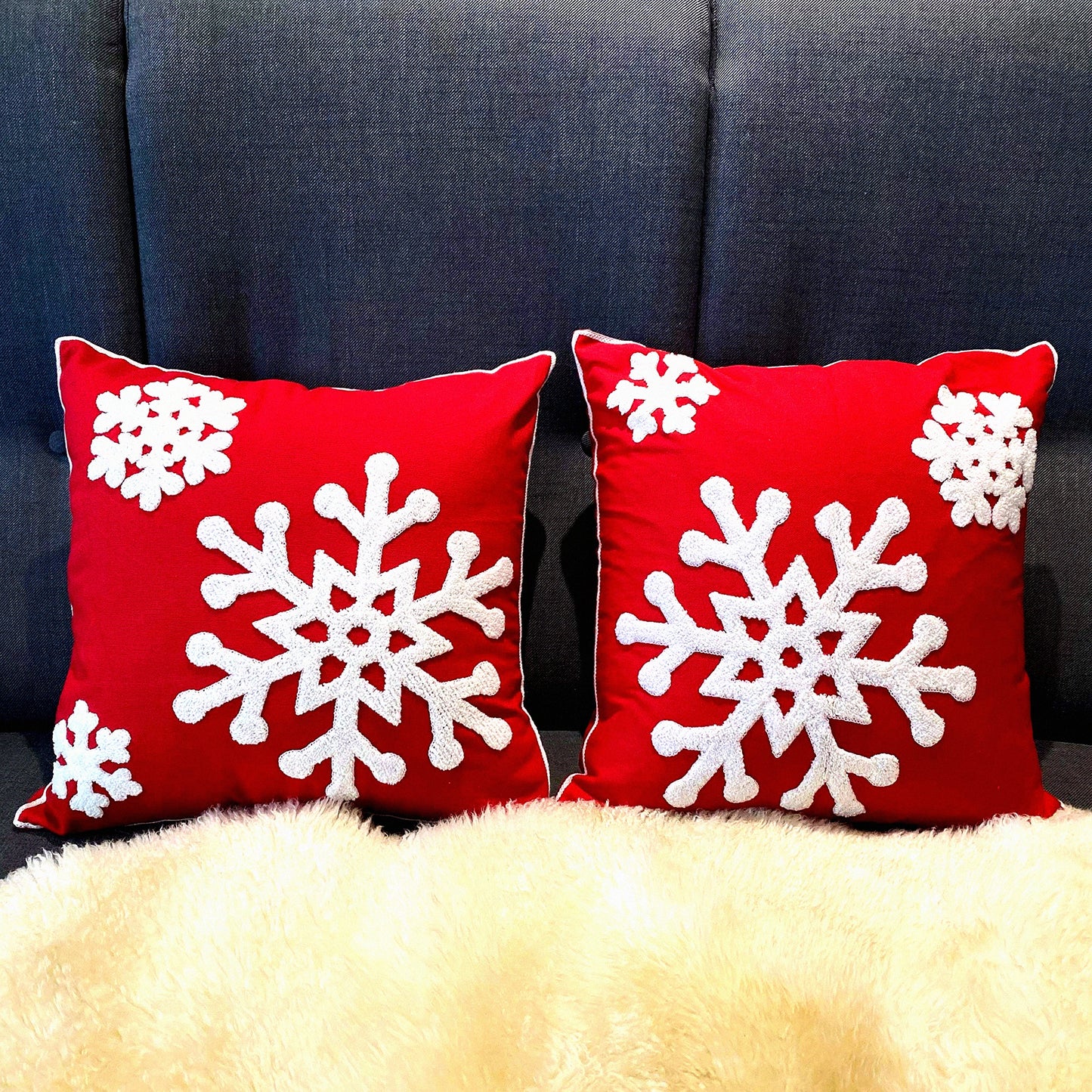 Red Snowflake Embroidered Pillowcase Set - Farmhouse Decor Cushion Covers 18x18 for Sofa, Bed, Car - Outdoor Office Throw Pillow Covers 2PCS