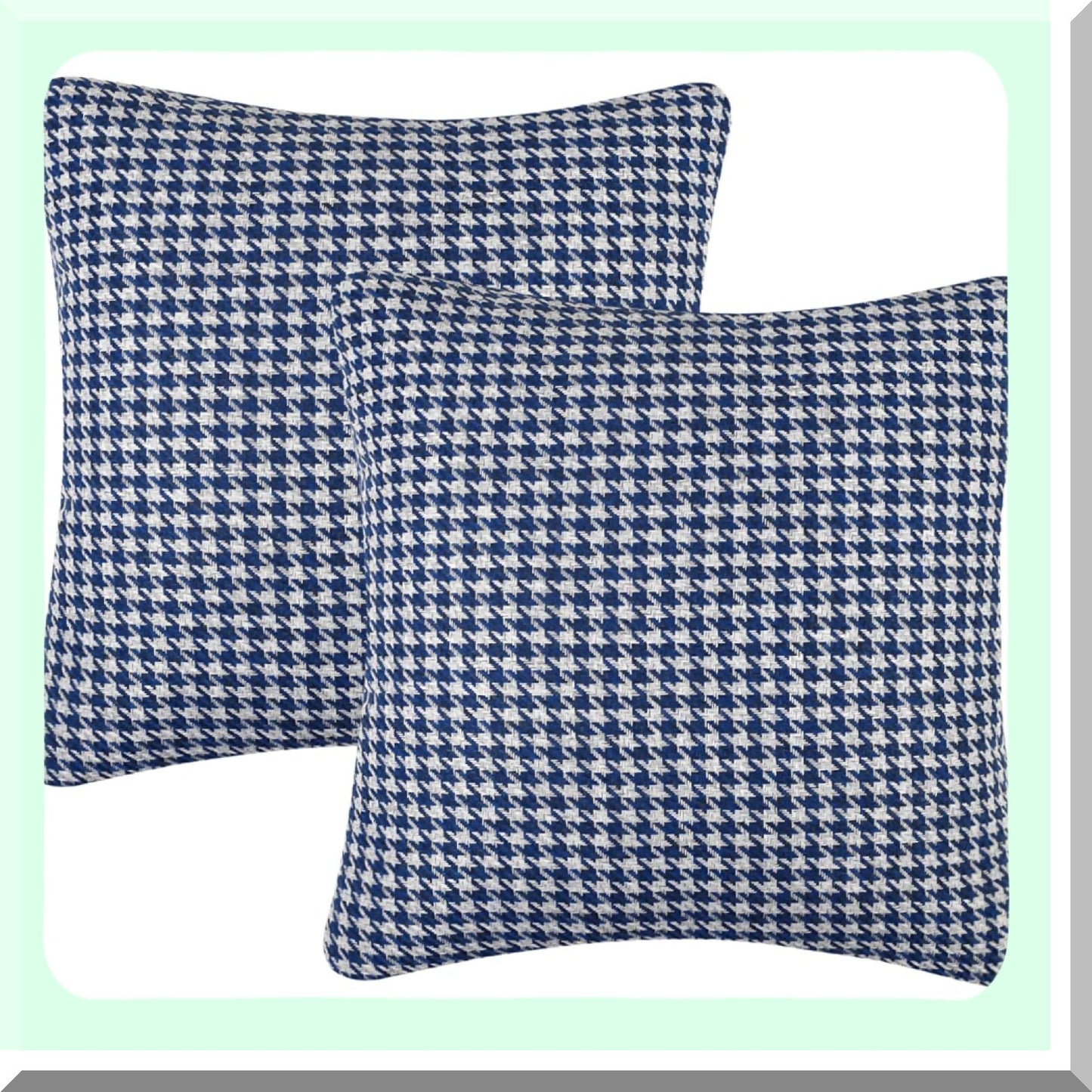 Geometric Cotton Linen Houndstooth Pillow Covers - Set of 2, Blue 18x18 Inches - Decorative Cushion Cases for Couch, Sofa, Bed, Chair
