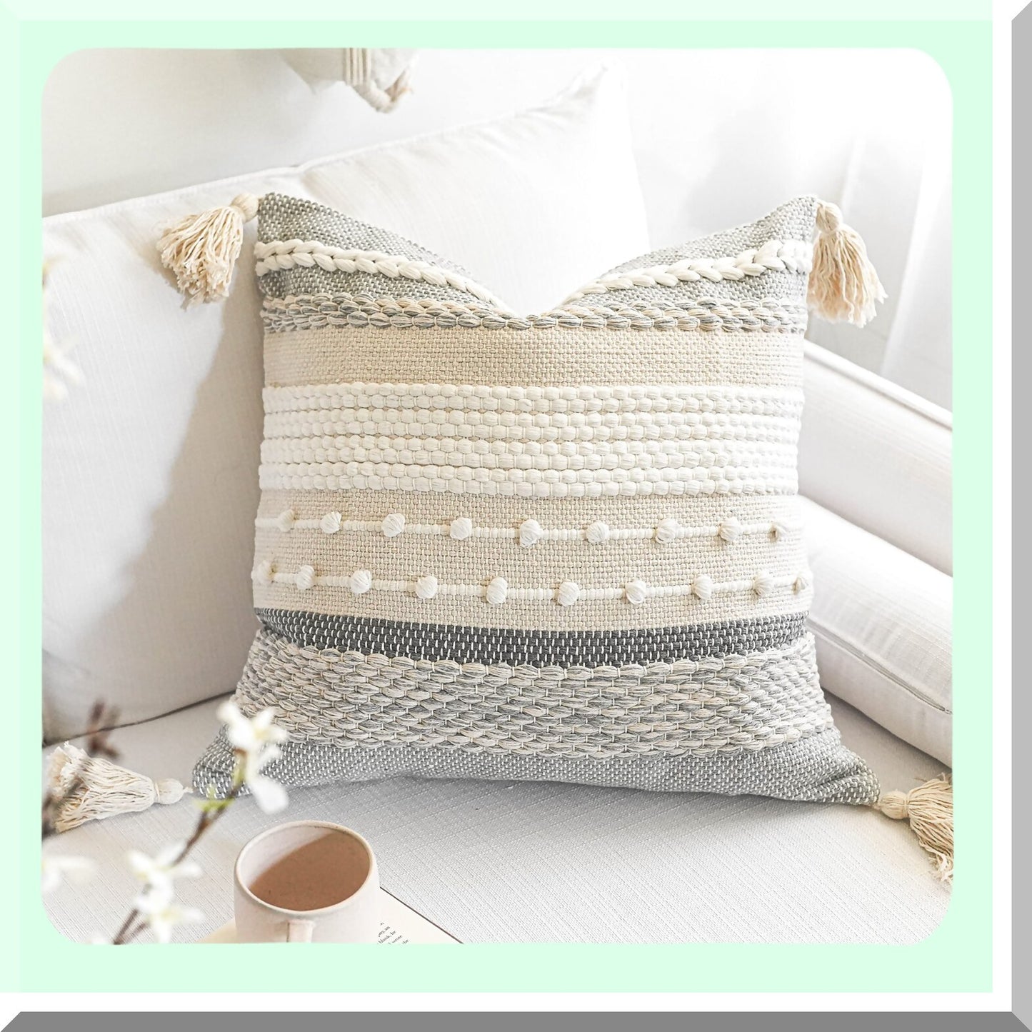 Gray Boho Farmhouse Textured Pillowcase - Decorative Square Accent Pillow Cover for Couch & Bed - Modern Bohemian Grey Pillow Pack 22x22