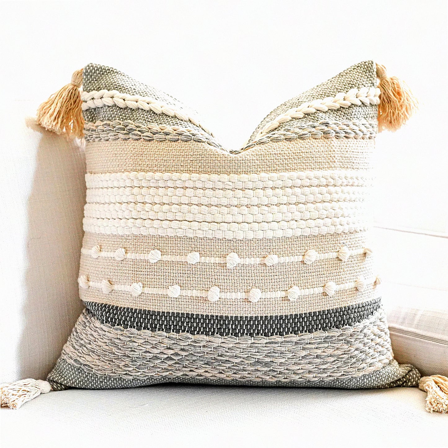 Gray Boho Farmhouse Textured Pillowcase - Decorative Square Accent Pillow Cover for Couch & Bed - Modern Bohemian Grey Pillow Pack 22x22