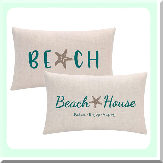 Starfish Summer Beach Decor Pillowcase Set - Coastal House Cushion Cover 12x20 inch - Holiday Lumber Throw Pillow Cover - Set of 2