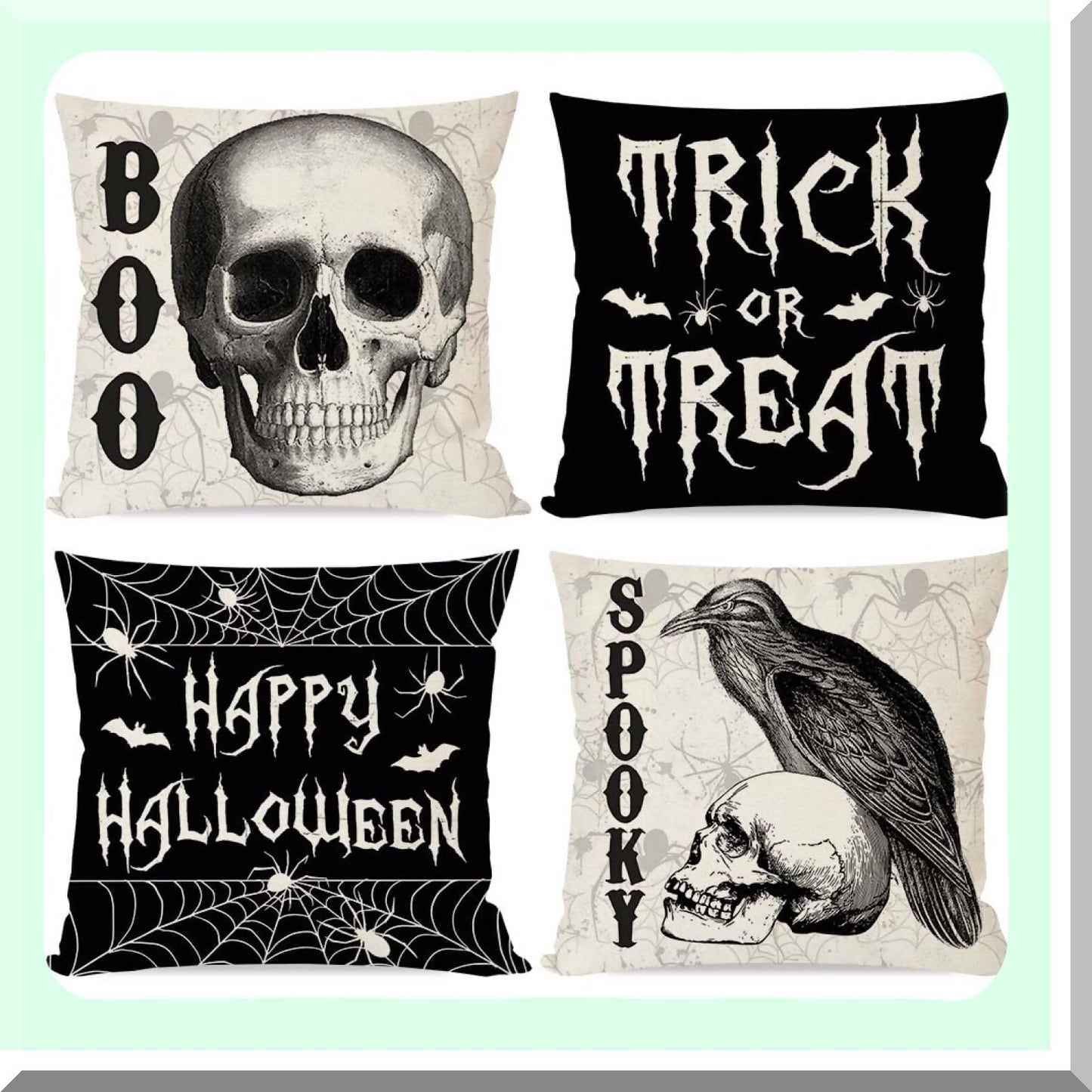 Spooky Raven Crow Pillow Covers Set - Halloween Decorative Throw Cushion Cases - Trick or Treat Outdoor Fall Decorations for Couch - 18x18 Black Skull Boo Pillows