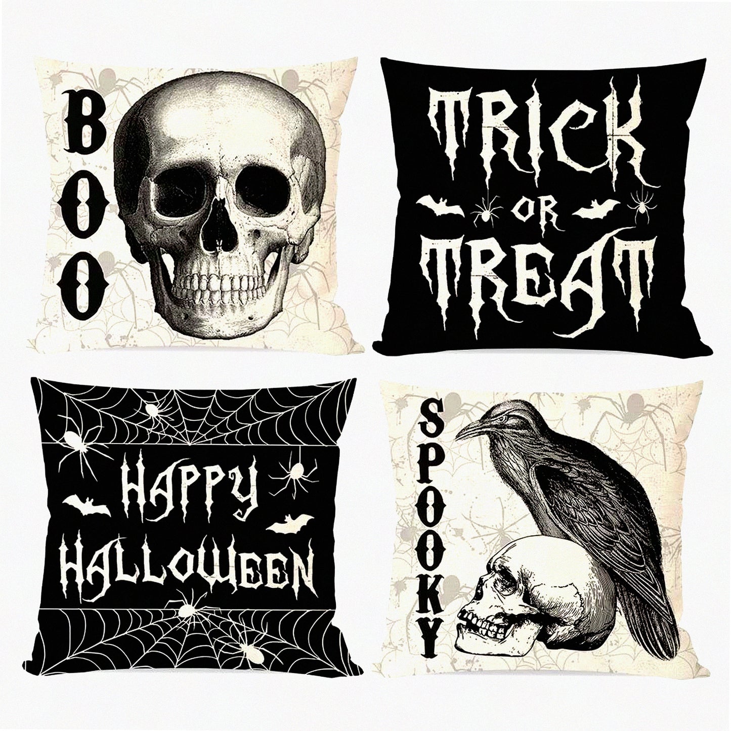 Spooky Raven Crow Pillow Covers Set - Halloween Decorative Throw Cushion Cases - Trick or Treat Outdoor Fall Decorations for Couch - 18x18 Black Skull Boo Pillows