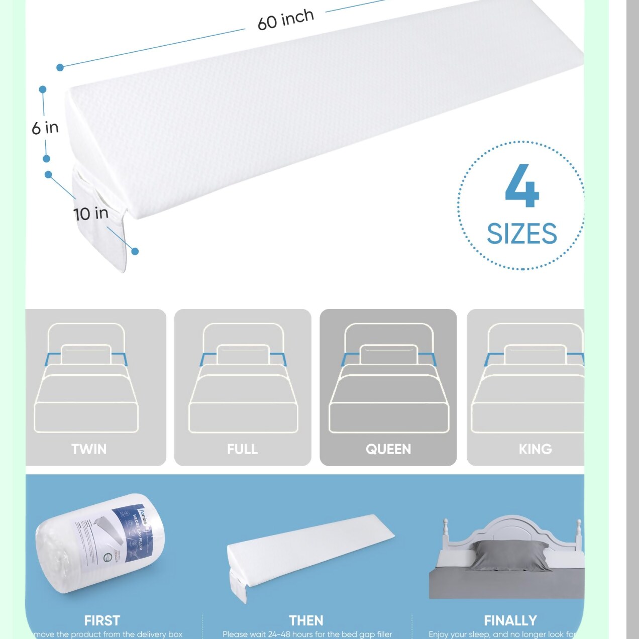 Headboard Gap Guard - Queen Size Pillow Wedge, Mattress Filler & Wall Bolster Set - Pillow Stopper for Headboard - 60" x 10" x 6"