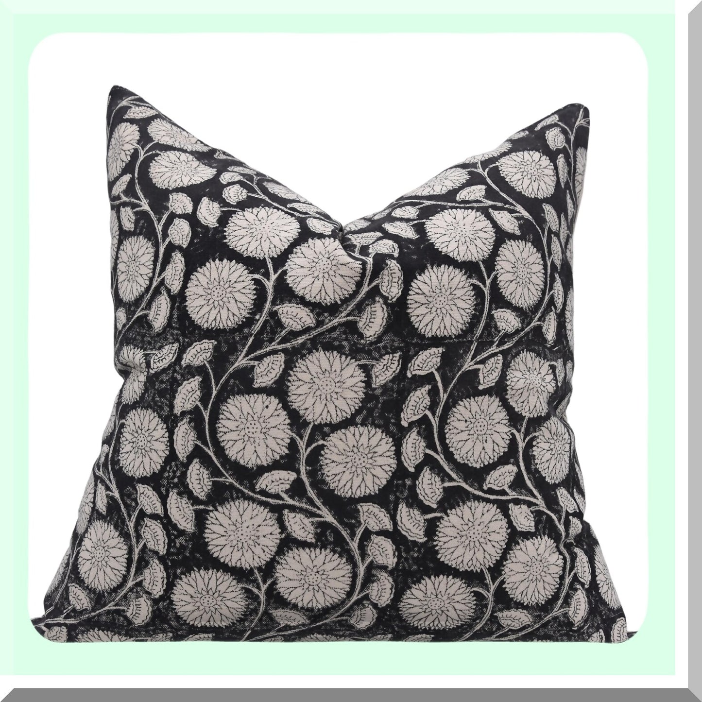 Floral Boho Block Print Cotton Throw Pillow Covers - Sudarshan Jaal Decor - 20x20 Black Home Accent - Unique Bohemian Cushion Case