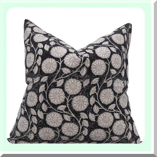 Floral Boho Block Print Cotton Throw Pillow Covers - Sudarshan Jaal Decor - 20x20 Black Home Accent - Unique Bohemian Cushion Case