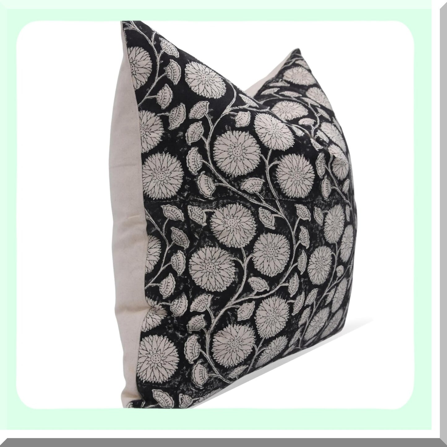Floral Boho Block Print Cotton Throw Pillow Covers - Sudarshan Jaal Decor - 20x20 Black Home Accent - Unique Bohemian Cushion Case