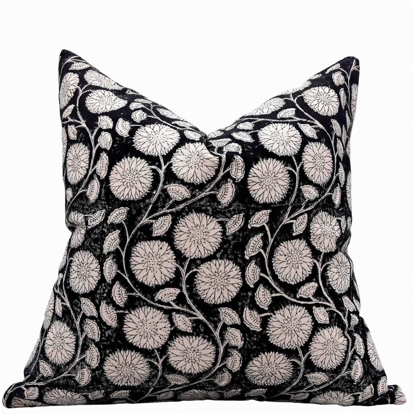 Floral Boho Block Print Cotton Throw Pillow Covers - Sudarshan Jaal Decor - 20x20 Black Home Accent - Unique Bohemian Cushion Case