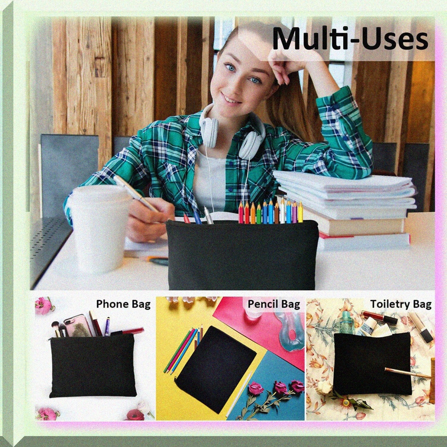 20 Black Canvas Makeup Bags 9x7 with Zipper