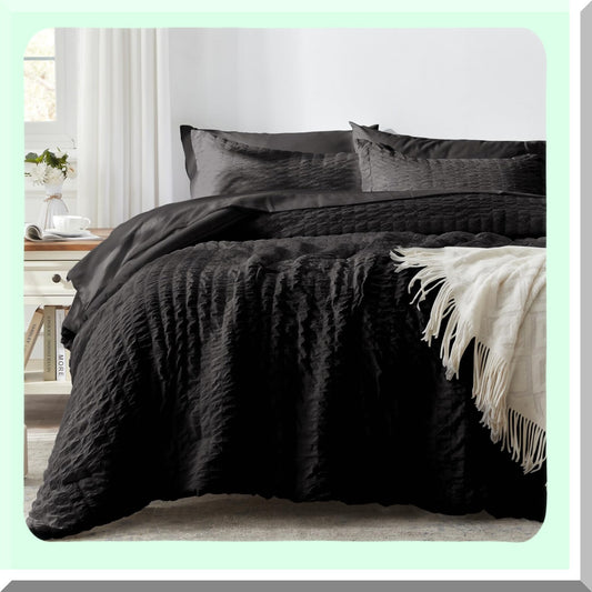 Black Seersucker 7-Piece Comforter Set - All Season Bedding Bundle with Sheets & Shams - Queen Size Bed in a Bag - Cozy Sleep Essentials for Home