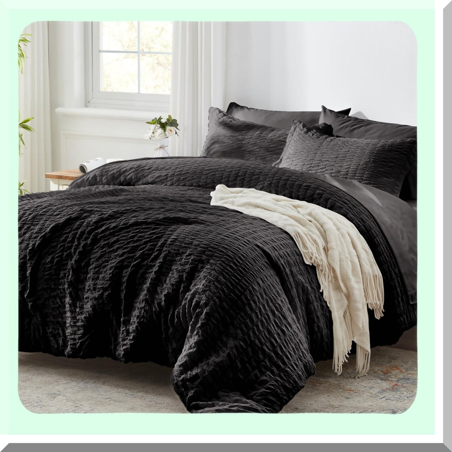 Black Seersucker 7-Piece Comforter Set - All Season Bedding Bundle with Sheets & Shams - Queen Size Bed in a Bag - Cozy Sleep Essentials for Home