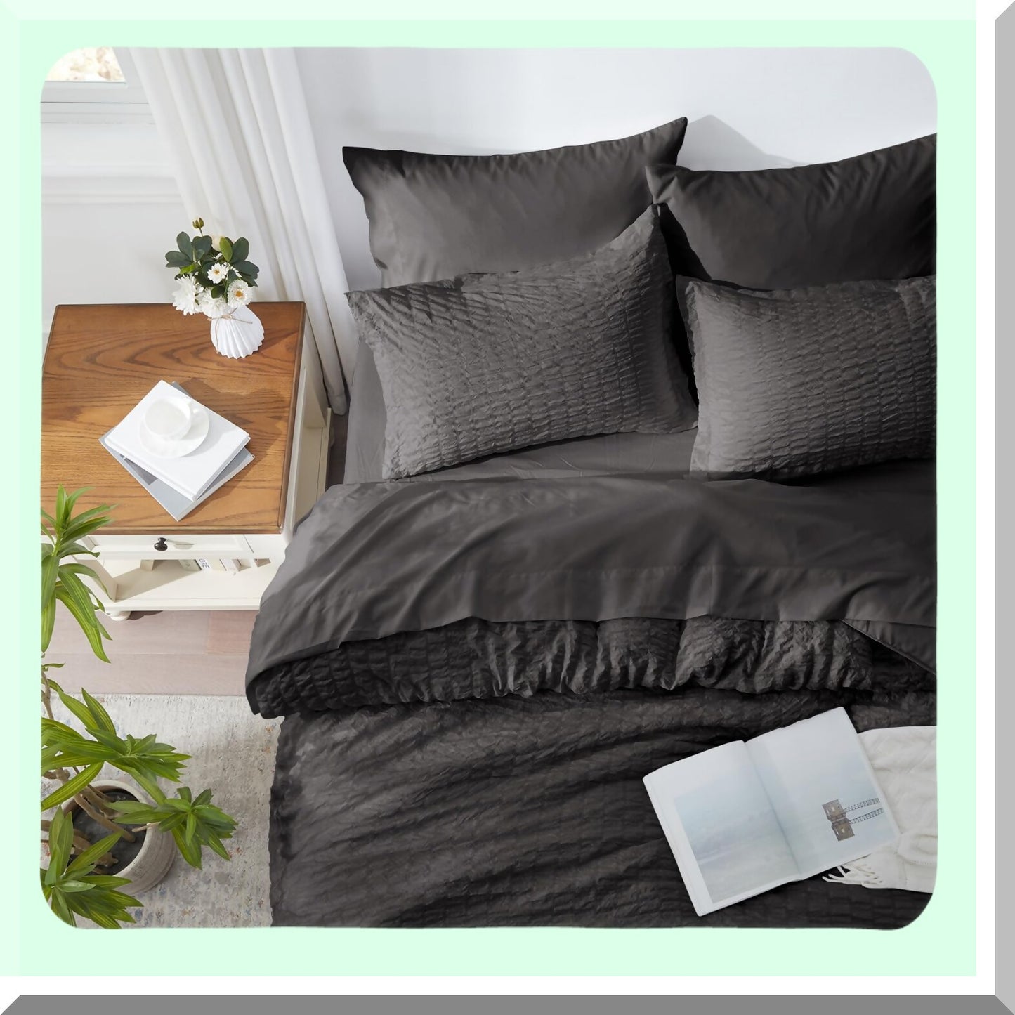 Black Seersucker 7-Piece Comforter Set - All Season Bedding Bundle with Sheets & Shams - Queen Size Bed in a Bag - Cozy Sleep Essentials for Home