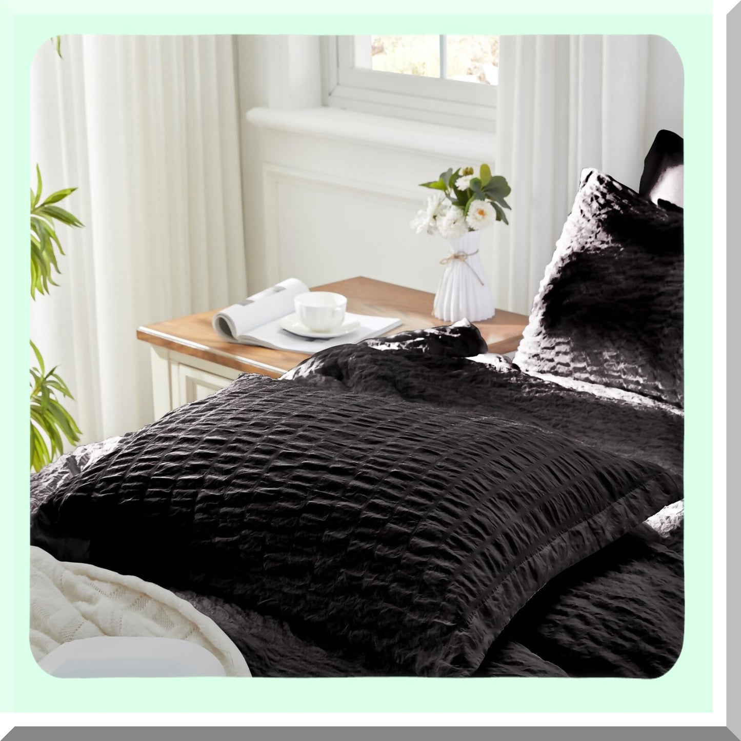 Black Seersucker 7-Piece Comforter Set - All Season Bedding Bundle with Sheets & Shams - Queen Size Bed in a Bag - Cozy Sleep Essentials for Home