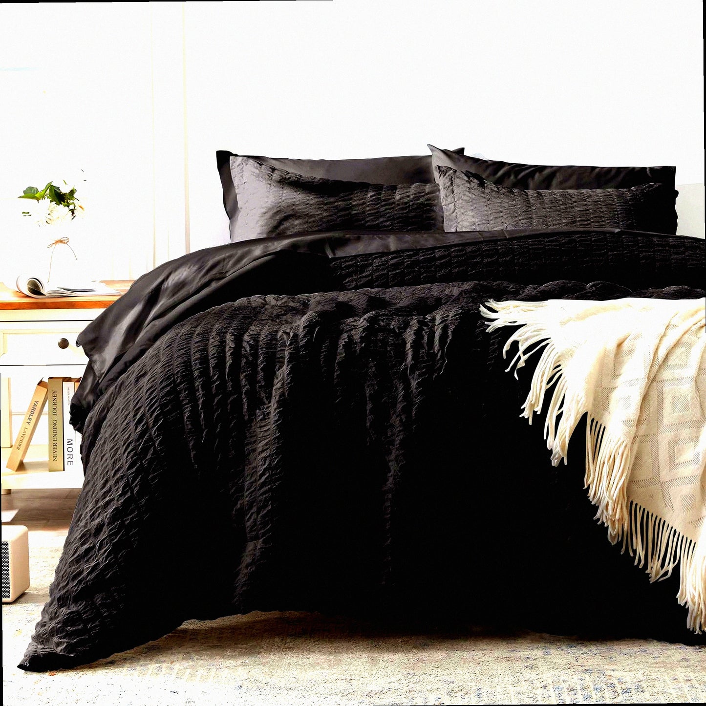Black Seersucker 7-Piece Comforter Set - All Season Bedding Bundle with Sheets & Shams - Queen Size Bed in a Bag - Cozy Sleep Essentials for Home
