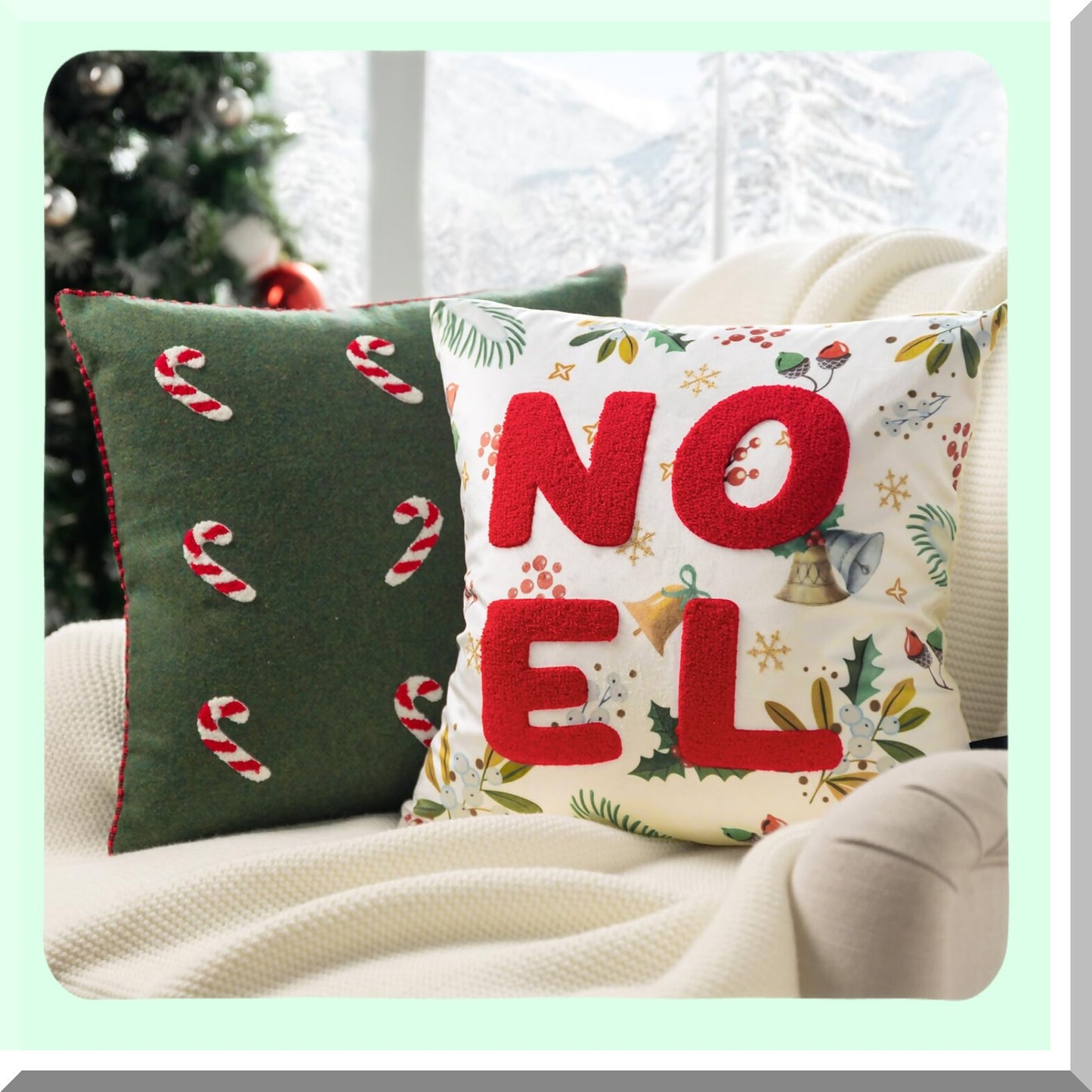 Merry Velvet Teddy Candy Cane Pillow Covers - Set of 2 | Embroidered Tufted Xmas Pillowcases | Green 18x18 inch | Soft Festive Holiday Decor